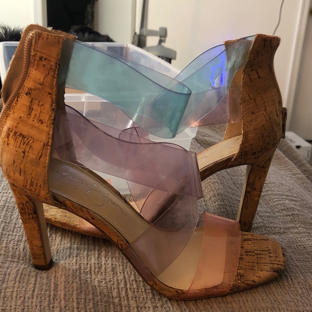 Jessica Simpson Iridescent Pink and Blue Cork Block Heels